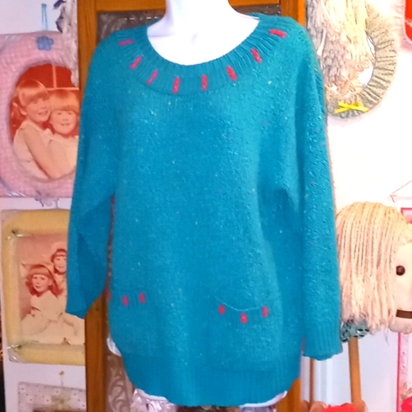 Vintage 80's Turquoise "Tweedy" Sweater with red & yellow accents - Picture 1 of 8